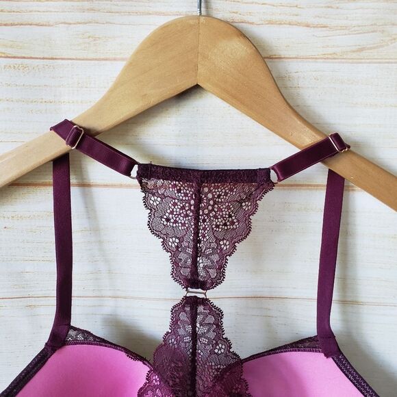 PINK Victoria's Secret Date Push-Up Lace Bra Women's Size 34D Pink Burgundy - Picture 9 of 15